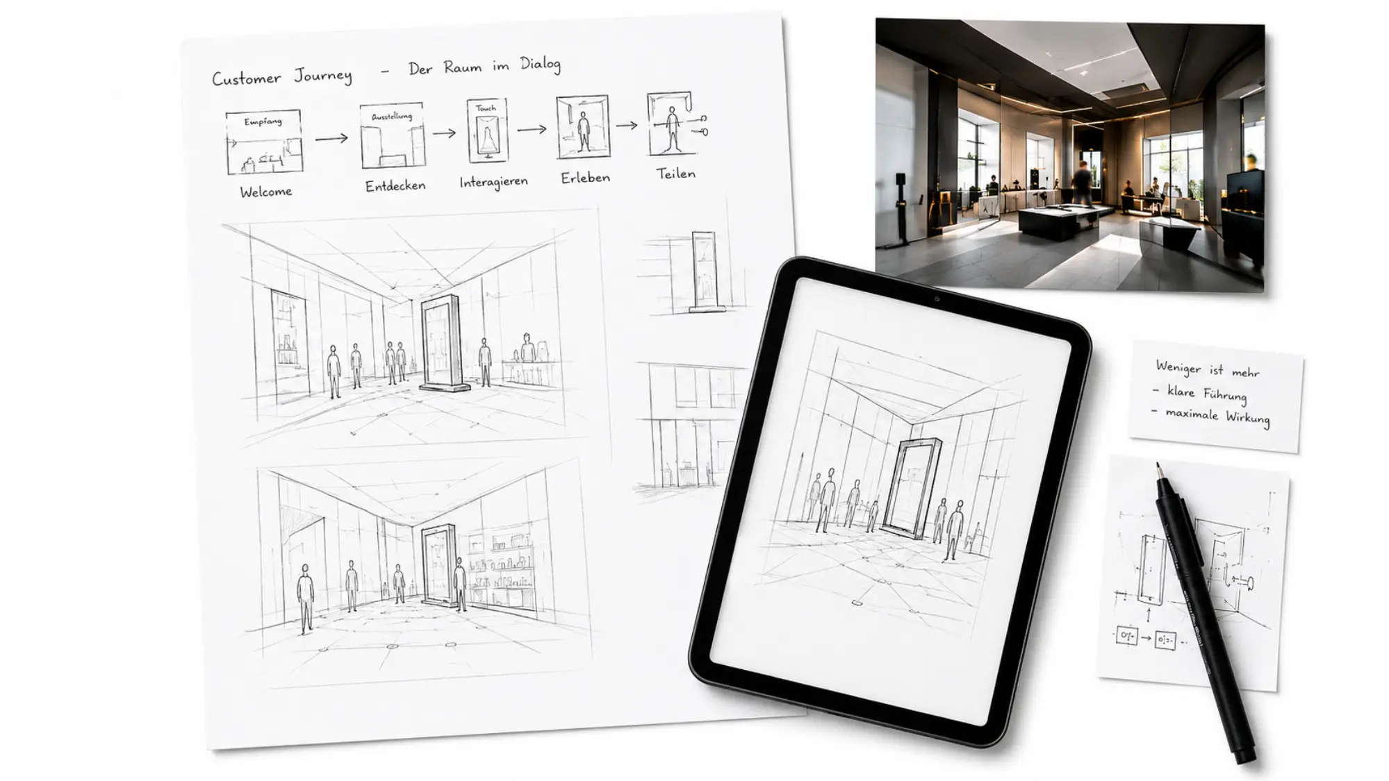 Konzeptskizze: Customer Journey und Installation im Raum